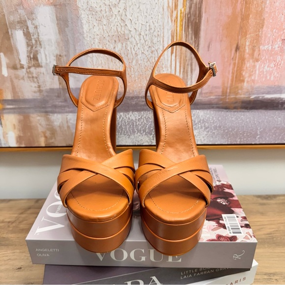 ❤️ NEW Schutz Keefa High Heels Platform Sandals Caramelo Tan Cognac Napa Leather - Picture 7 of 12